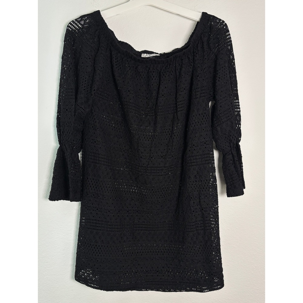 J Valdi Black Crochet Lace‎ Off The Shoulder Swim Cover Up Dress Tunic Womens M